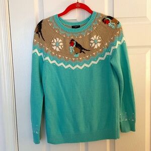 Talbots Petite Wool Blend Light Blue Winter Bird Sweater Size SP